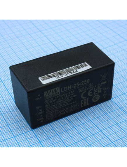 LDH-25-250, dc/dc led понижающий, вход 9.5…32в, выход 12.5…84в/0.25а, кпд до 94%, вход dimm 2 in 1, 52.4x27.2x24мм, dip, -40…70°c, пластик