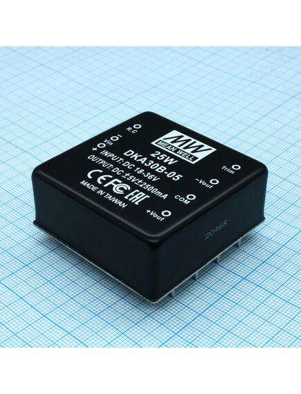 DKA30B-05, dc-dc, 25вт, вход 18…36в, выход ±5в/±250…2500ма, trim, emi filter, кпд=80%, изоляция 1000в dc, 50.8х50.8x21мм, -40…+85°с