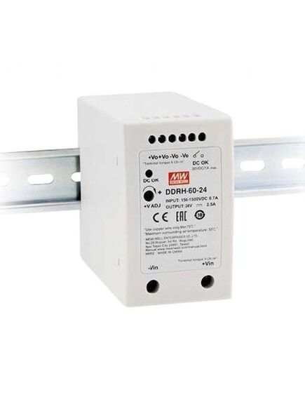 DDRH-60-24, dc-dc, 60вт, вход 150…1500 в dc, выход 24в/2.5а, рег.выход 24…29в, изоляция 4000в dc, в кожухе на din-рейку, 57х93.5х105мм, -30...+85°с
