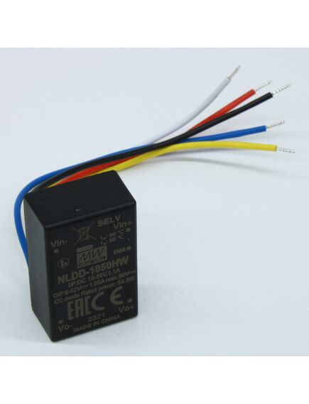 NLDD-1050HW, dc/dc led понижающий, вход 10…56в, выход 6…52в/1.05а, кпд до 96%, вход on/off/dimm, 32.1x20.5x12.5мм, проводные выводы, -40…50°c, пластик
