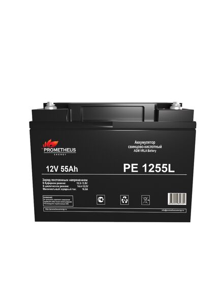 PE1255L, аккумулятор свинцово-кислотный 12v 55ah, размер 228х138х212мм, крепление под болт м6, срок службы 10 лет
