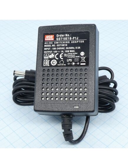 GST18E18-P1J, ac-dc, 18вт, вход 85...264b ac 47...63 гц,, выход 18b/1a, изоляция 3000в ac, 79x54x33мм, -30...+70°с, выходной разъем 11, диам. 5.5х2.1мм