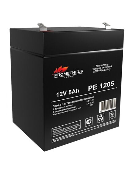 PE1205, аккумулятор свинцово-кислотный 12v 5ah, размер 90х70х101мм, плоская клемма 6.3мм, срок службы 6 лет, изображение 2