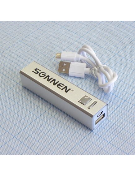 Аккумулятор внешн. портативн. (2600mAh), power bank, 2.6ah, usb(1a), литий-ионный, алюм.корпус 9*2, серебро,led индикатор заряда, кабель micro usb