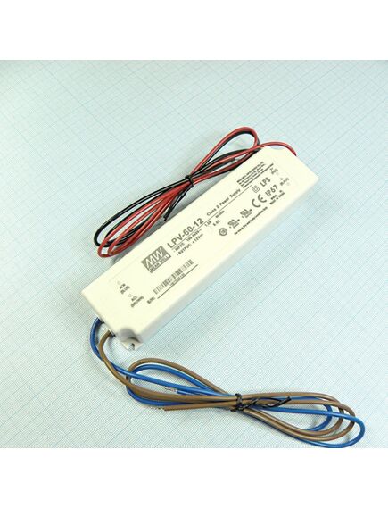 LPV-60-12, ac-dc, 60вт, ip67, вход 90…264в ac, выход 12в/5а,изоляция 3000в ac, в кожухе 162,5х42,5х32мм, -30…+70°с