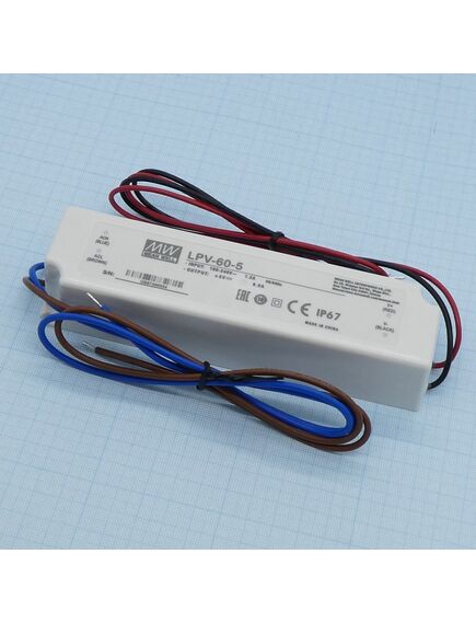 LPV-60-5, ac-dc, 40вт, ip67, вход 90…264в ac, выход 5в/8а,изоляция 3000в ac, в кожухе 162х42х30мм, -30…+70°с