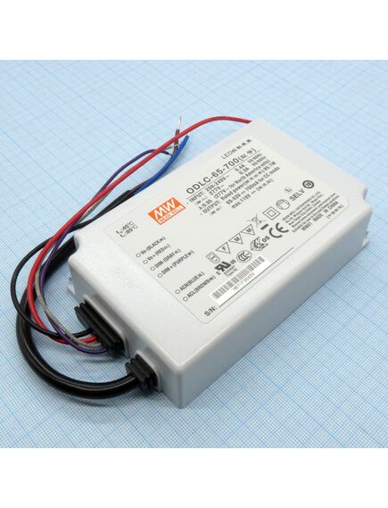 ODLC-65-700, ac-dc, 65.1вт, вход 180…295в ac, 47…63гц/254…417в dc, ккм, выход 69…93в/700ма, изоляция 3750в ac, в кожухе 121х77х28.5, -20…+85°с (корпус), димминг 0...10 в/шим