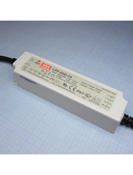 LPF-60D-24, ac/dc led cc, 60вт, вход 90…305в ac, 47…63гц /127…431в dc, выход 14.4…24в/2.4a, ккм, изоляция 3750в ac, в кожухе 162.5х43х32мм, -40…+80°с, ip67, димминг