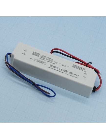 LPV-100-5, ac-dc, 60вт, ip67, вход 90…264в ac, 47…63гц /120…370в dc выход 5в/12a, изоляция 3000в ac, в кожухе 190х52х37мм, -25…+70°с