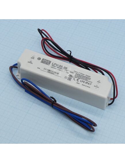 LPV-35-36, ac-dc, 35вт, ip67, вход 90…264в ac, выход 36в/1а,изоляция 3000в ac, в кожухе 148х40х30мм, -30…+75°с