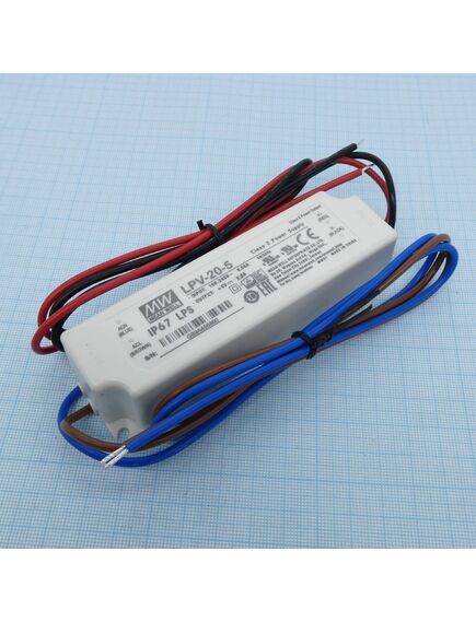 LPV-20-5, ac-dc, 15вт, ip67, вход 90…264в ac, выход 5в/3a, изоляция 3000в ac, в кожухе 118х35х26мм, -30…+70°с