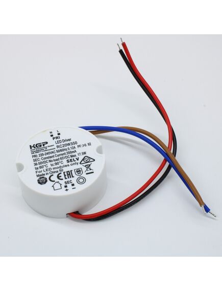 RC20W350, ac-dc, 20вт, токовый выход, вход 198…264в ac, выход 350ма/36…50в, ккм, в кожухе ф50х21мм, -20…+60°с