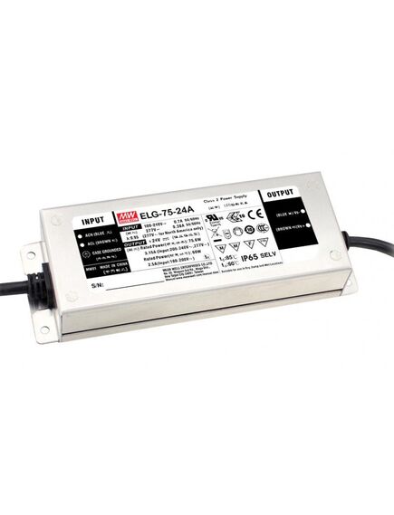 ELG-75-12A, ac-dc, 60вт, ip65, вход 100…305в ac, 47…63гц/142…431в dc, ккм, выход 6…12в/5а, изоляция 3750в ac, в кожухе 180х63х35,5мм, -40…+85°с (корпус), рег. выхода
