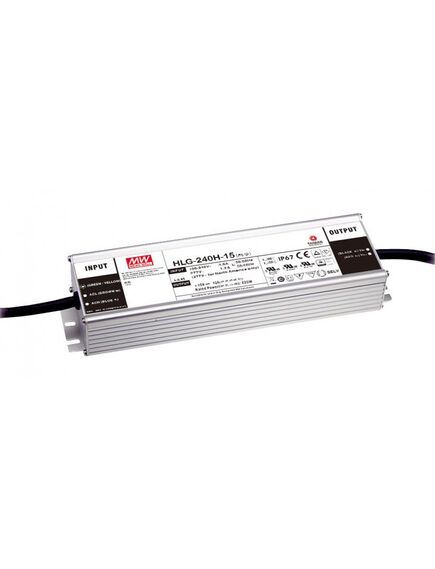 HLG-240H-15A, ac-dc led, 240вт, ip65, вход 90…305в ac, 47…63гц/127…431в dc, ккм, выход 15в/15а, рег. выхода 14…16в/7.5…15a, изоляция 3750в ac, в кожухе 244х68х39мм, -40…+70°с