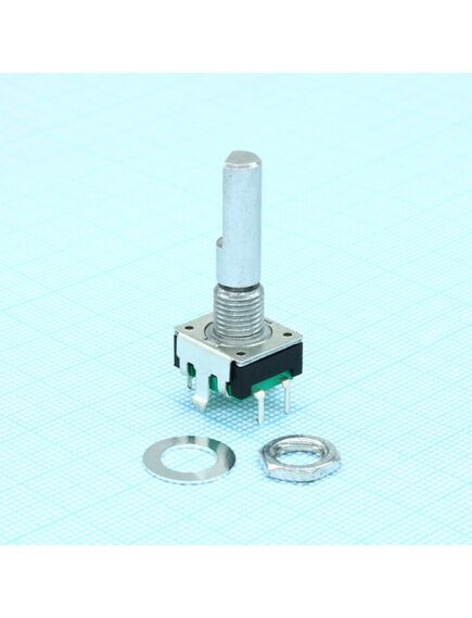 PEC11R-4225F-S0024, энкодер pec11, 24 щелчка, 24 импульса, металлический вал с лыской 25мм, с кнопкой, горизонтальные выводы,крепление на гайку 7мм, изображение 2