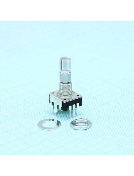 PEC11R-4220K-S0024, энкодер pec11, 24 щелчка, 24 импульса, металлический вал с насечкой 20мм, с кнопкой, горизонтальные выводы,крепление на гайку 7мм, изображение 2