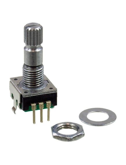 PEC11R-4120K-S0018, энкодер pec11, 18 щелчков, 18 импульсов, металлический вал с насечкой 20мм, с кнопкой, горизонтальные выводы, крепление на гайку 7мм