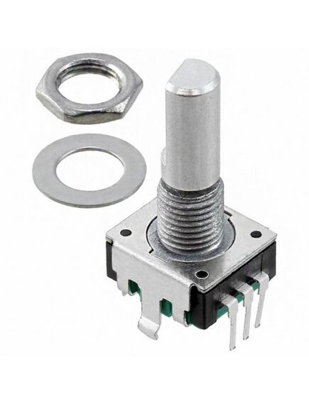 PEC11R-4220F-S0024, энкодер pec11, 24 щелчка, 24 импульса, металлический вал с лыской 20мм, с кнопкой, горизонтальные выводы,крепление на гайку 7мм