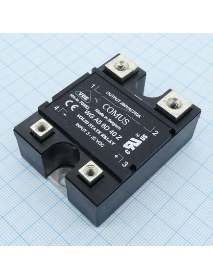 WGA5-6D40Z, реле твердотельное для коммутации переменного тока 280в 40а, вход 3-32в dc 10ма, изоляция 4кв, схема перехода через ноль, нормально открытое, встроенная снабберная цепь, -20...+80°c